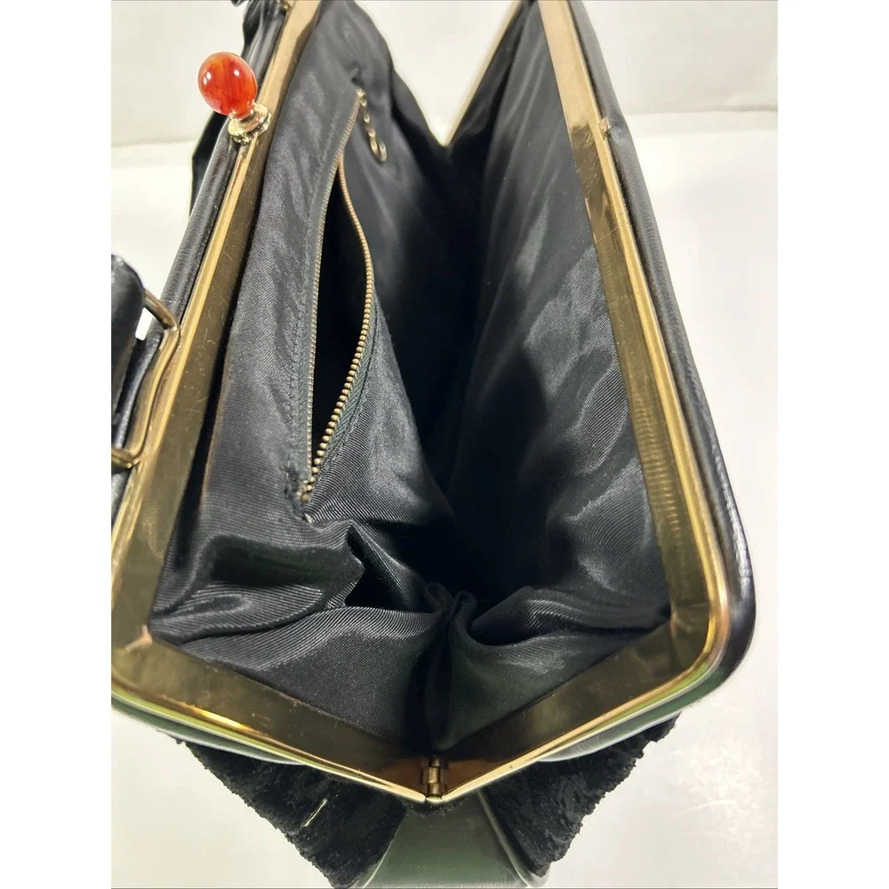 Vintage Black‎ Flocked Velvet Scroll Clutch Purse With Handle 11 1/2 X 8